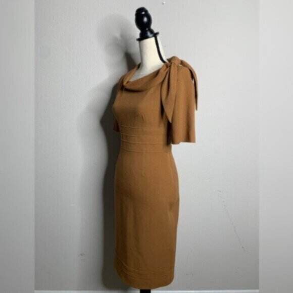 Suite 7 Elegant Camel Cowl Neckline with Shoulder Bow Sheath Dress - Picture 6 of 15